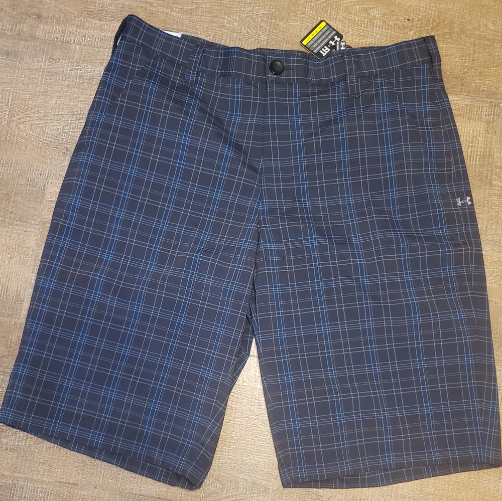 Under Armour Men's Navy Black Plaid Athletic Shorts with Blue Grid